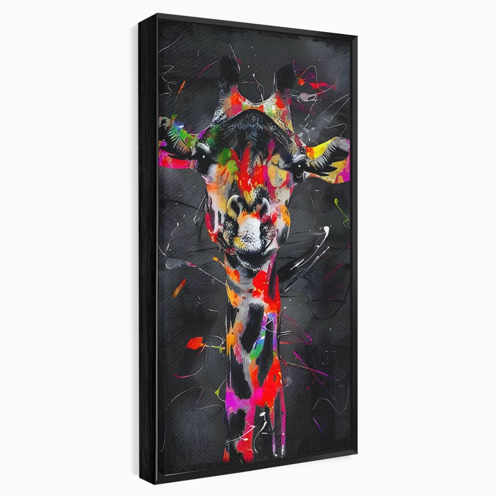 Tablou canvas cu tablou canvas cu girafa multicolor, in rama de aluminiu negru